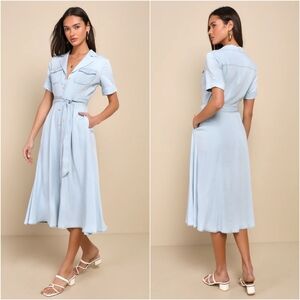 Lulus Dress Womens M Blue Chambray Collared Midi Pockets Utility Academia Boho